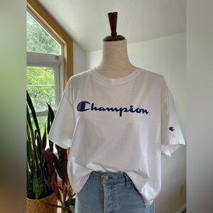 Champion : Classic White Tee with Blue Logo